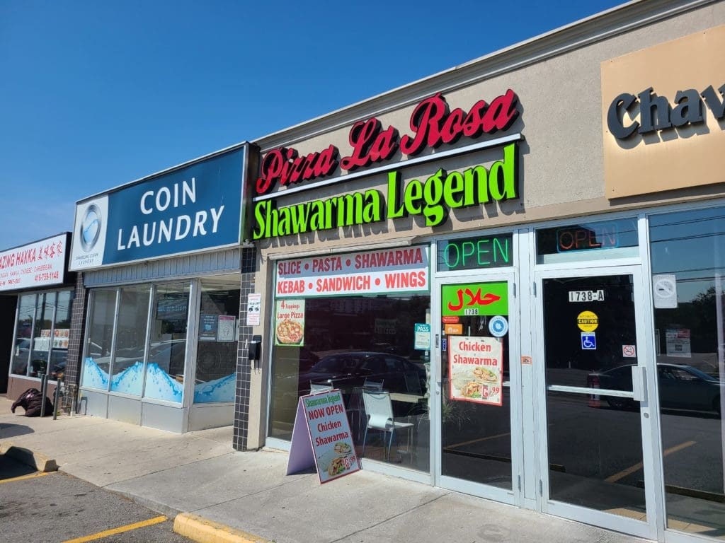 1738 Lawrence Avenue East. Pizza La Rosa & Shawarma Legend | Exterior